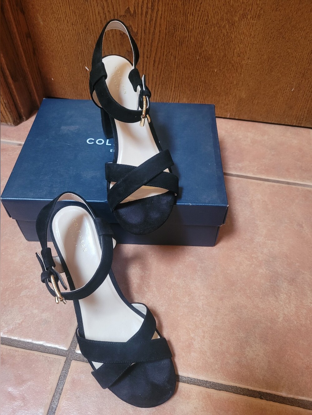 Cole Haan Kandi Black Suede Ankle-Strap Sandals 8.5